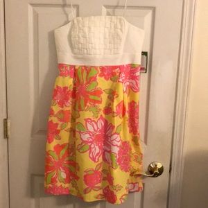 Lilly Pulitzer White Strapless Dress with Yellow, Pink & Green Floral Skirt